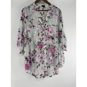 Torrid Sheer Button Down Blouse Tunic Fuchsia Roses 2X 3/4th sleeve fairy spring